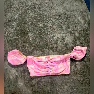 Sugar thrill vintage style Barbie pink and plaids puff sleeve off shoulder crop